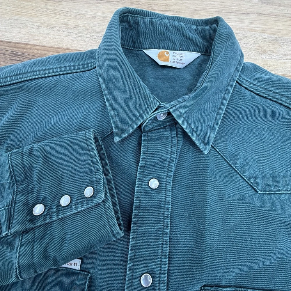 VTG Carhartt Rugged Outdoor Wear Size Large Green Cotton Men's Shirt Long Sleeve